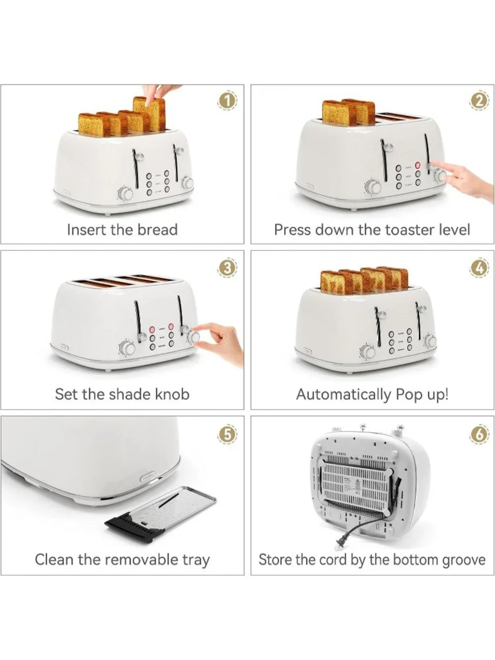 4 Slice White Retro Stainless with 6 Bread Shade Settings 1.5''Wide Slot Toaster
